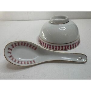 Taiwan Porcelain‎ Rice Bowl and Soup Spoon Set Red Geometric Gold Rim White